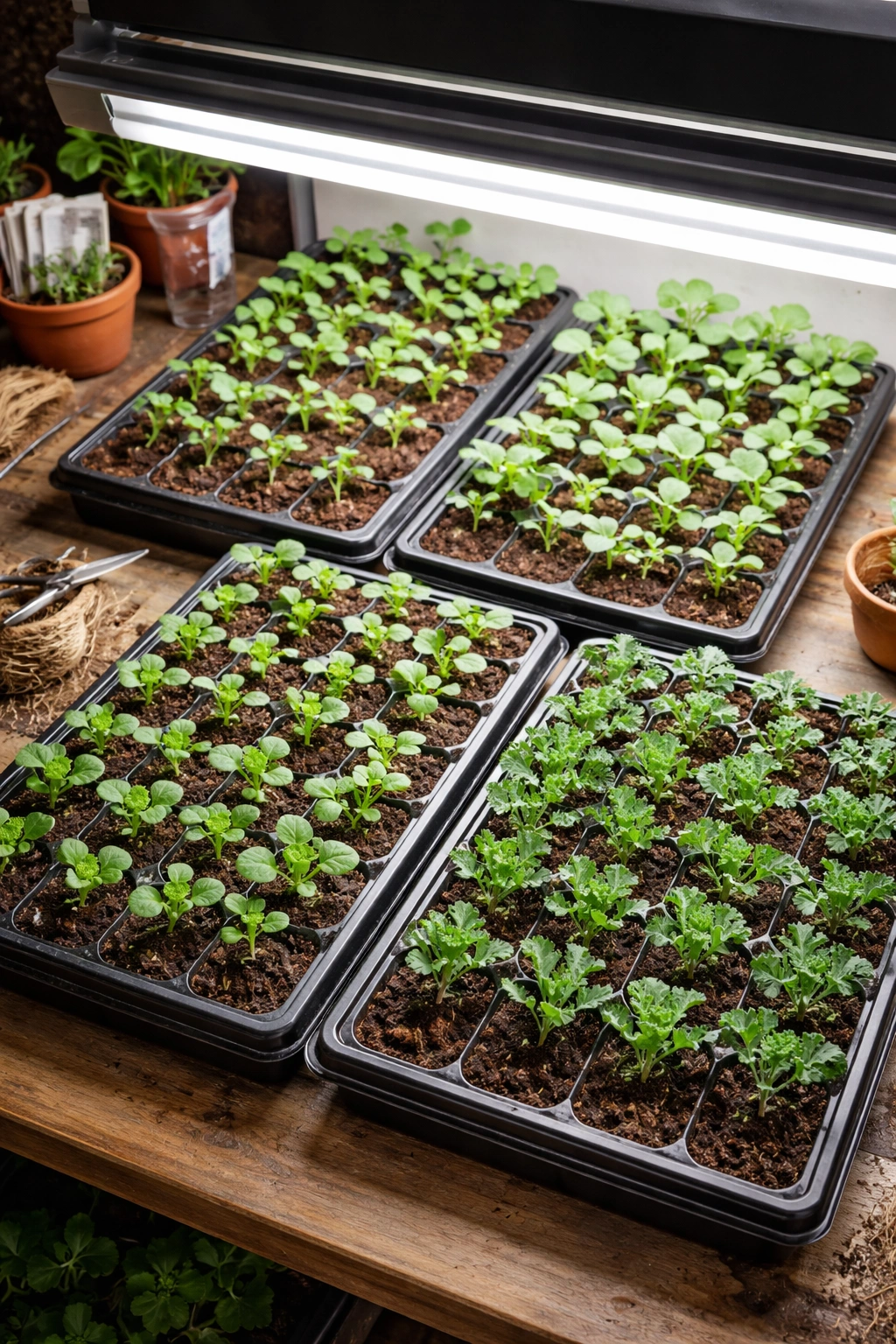 Indoor seed trays for fall crops like broccoli and kale
