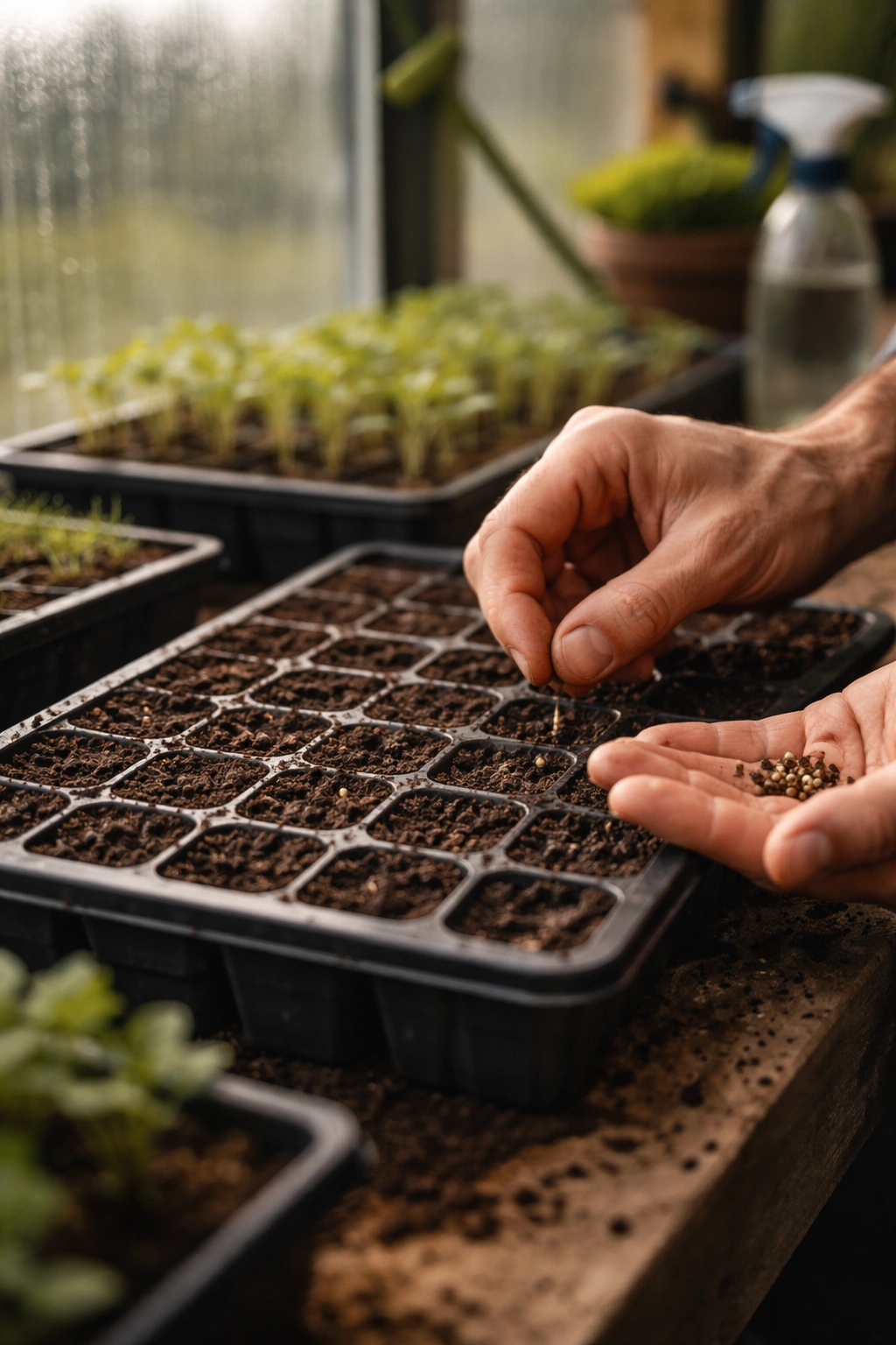 Hands sowing seeds into a seed tray indoors for December planting
