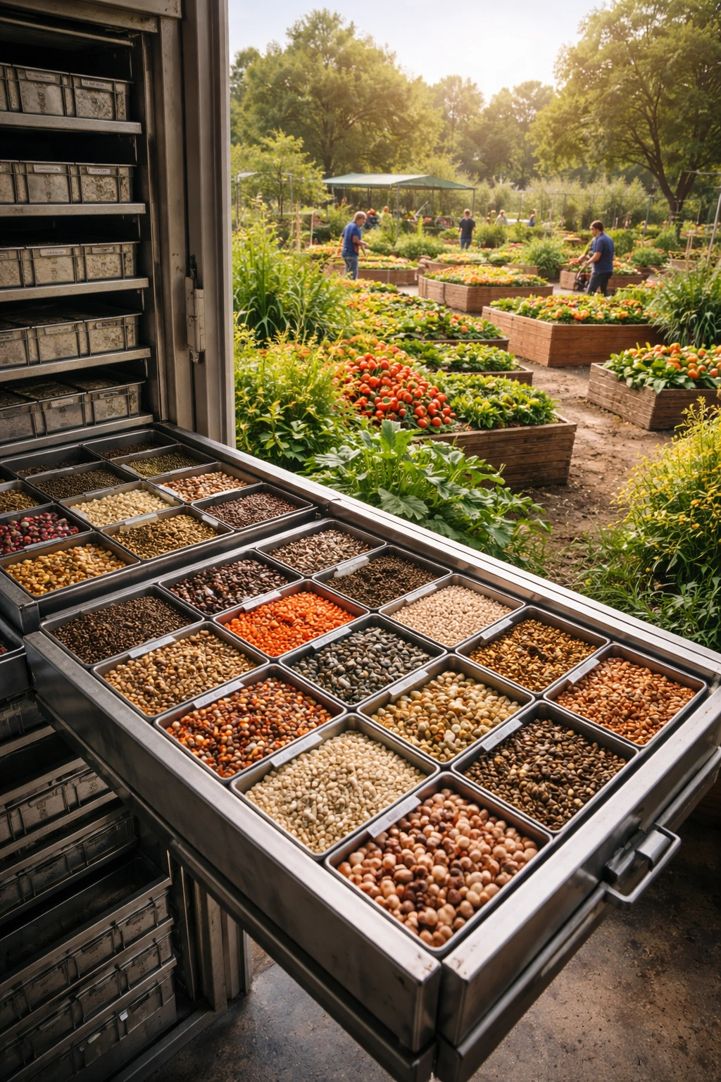 Seed vaults and community garden illustrating crop variety conservation