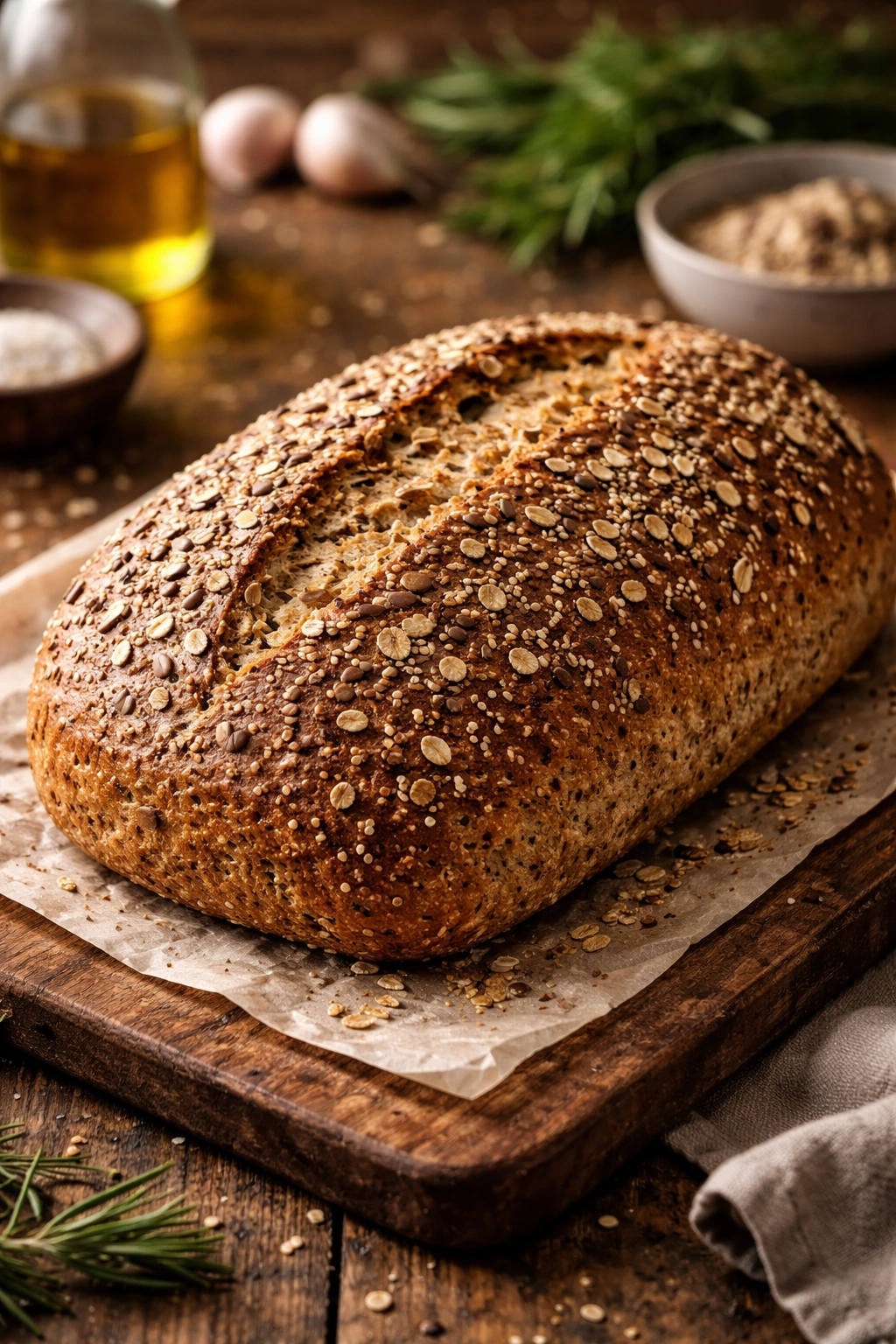 Seeded bread loaf on wooden board illustrating variations