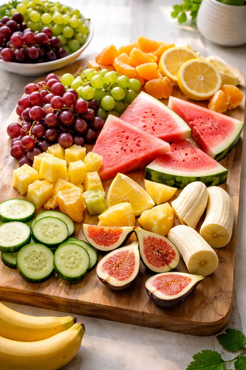 Colorful seedless fruits assortment on a wooden board, no seeds visible.