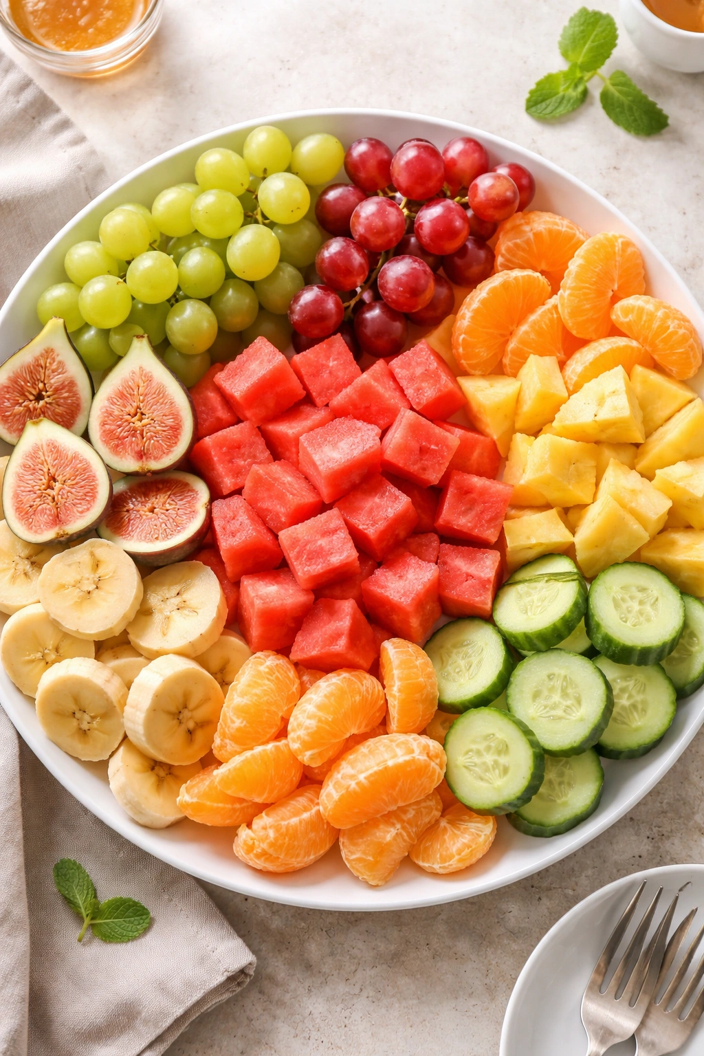 Vibrant plate of seedless fruits highlighting easy eating and uniform textures.