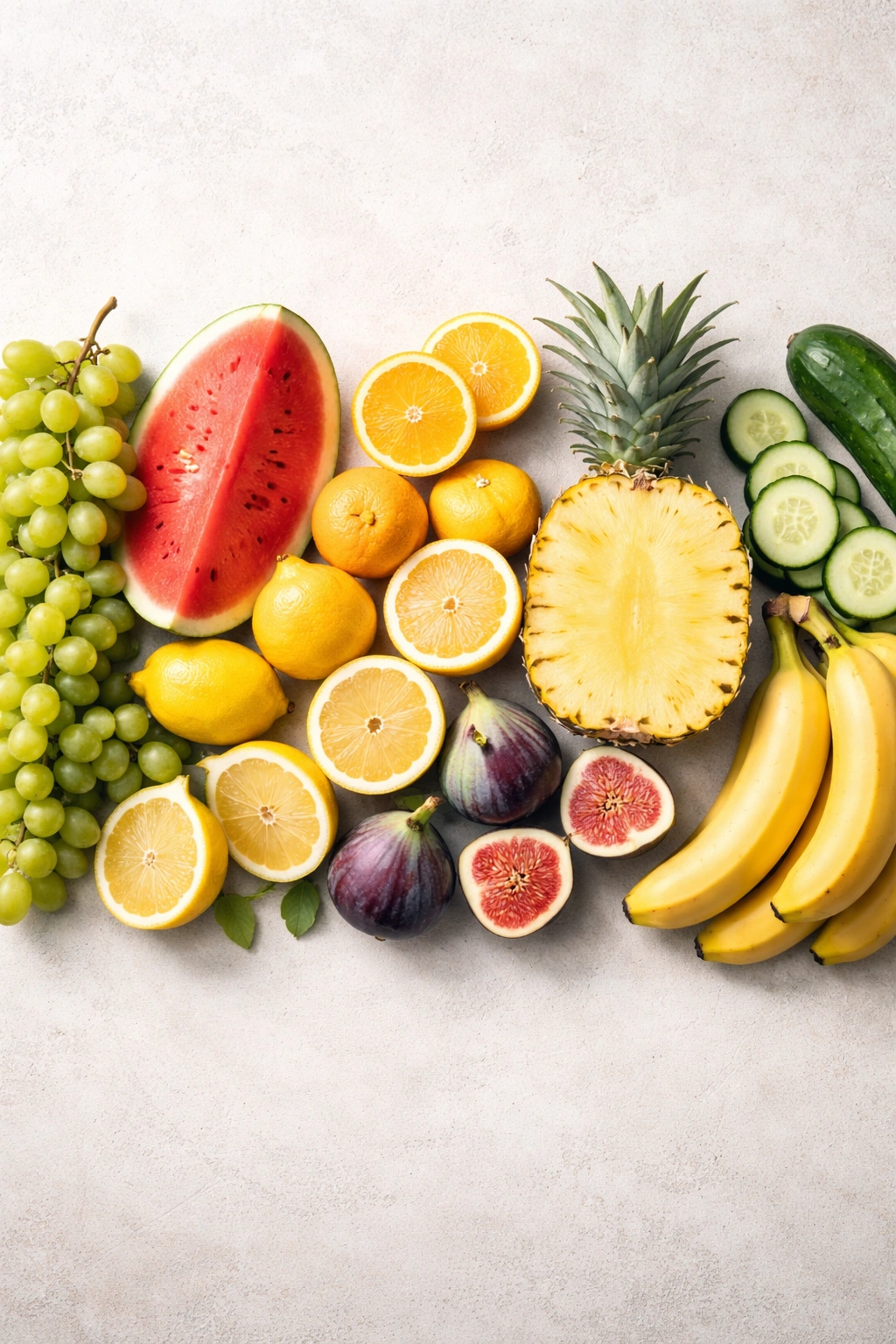 Row of seedless fruits arranged for quick comparison.