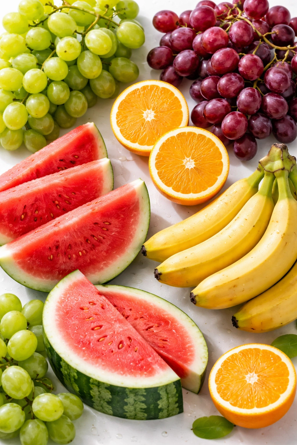 Top-down view of seedless grapes, watermelons, oranges, and bananas on a plain surface