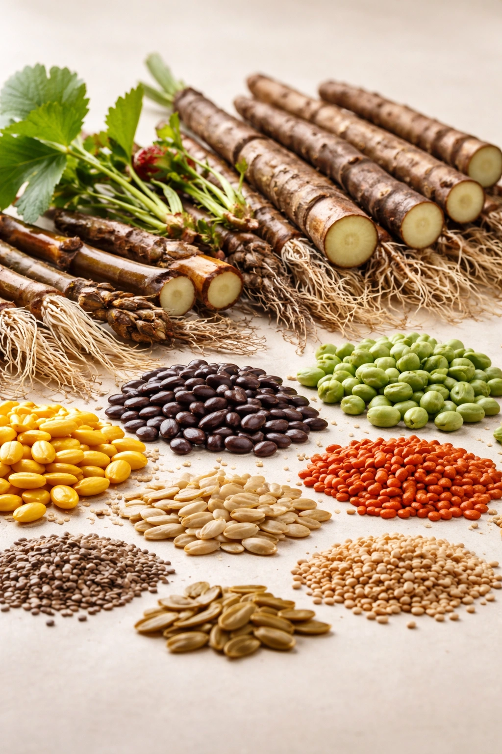 Close-up of seeds and rootstock cuttings illustrating quality and genetics