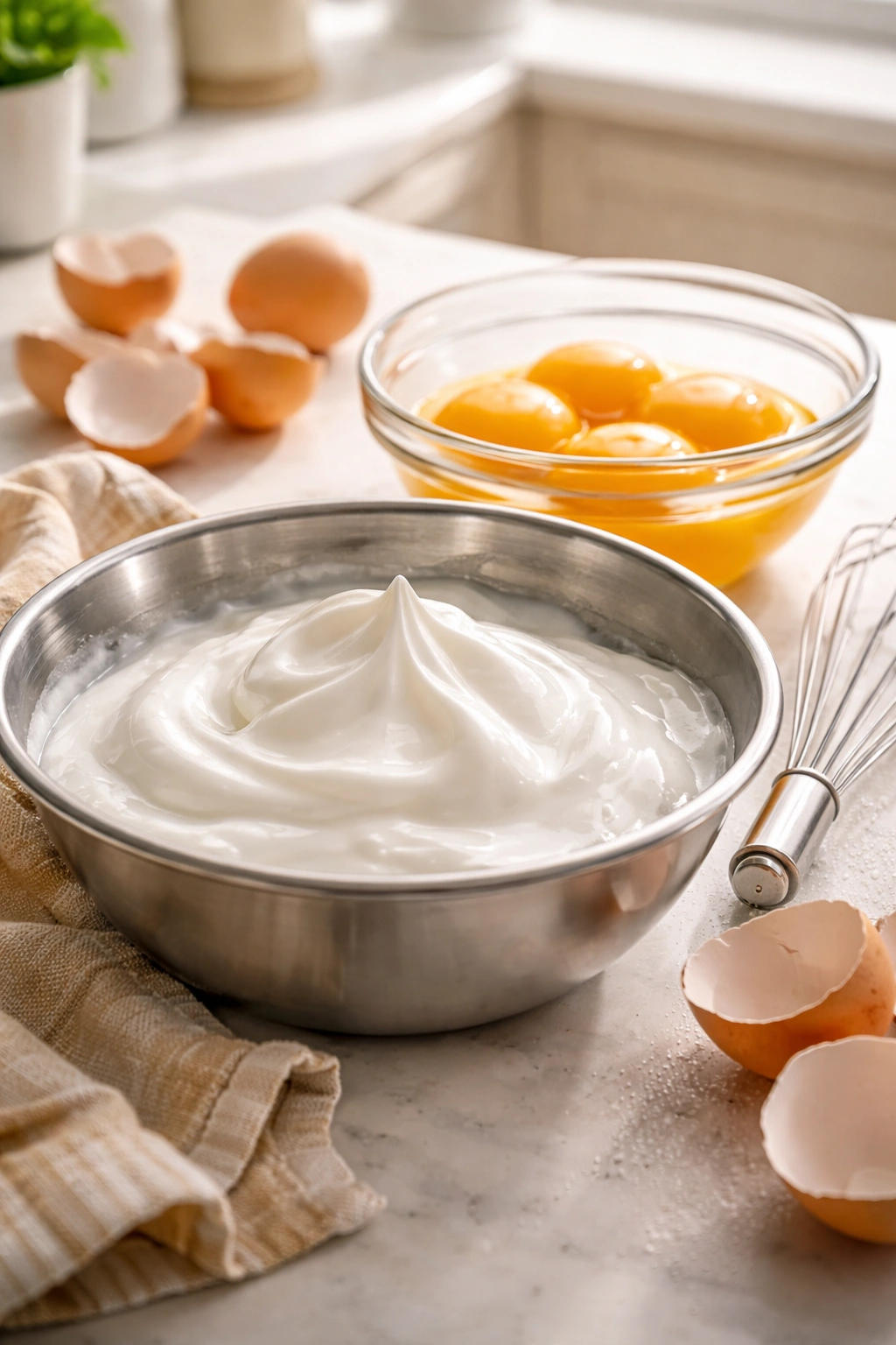 Whipped egg whites in a bowl and egg yolks in another