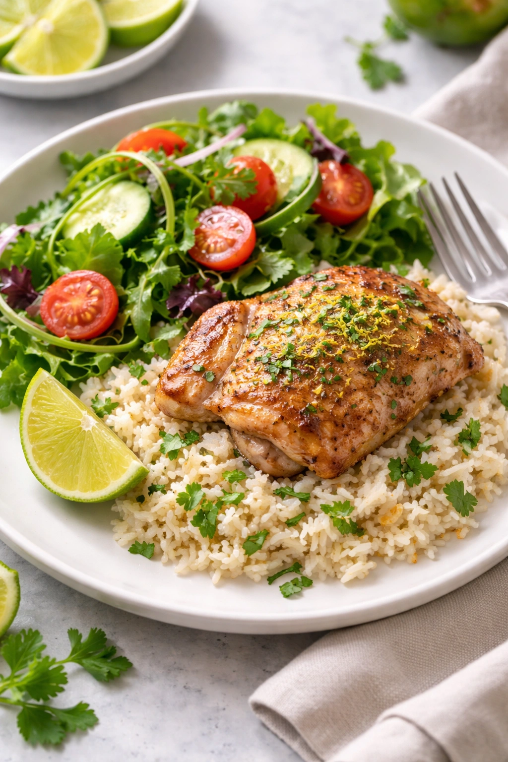 Plate of coconut lime chicken and rice with a small salad side