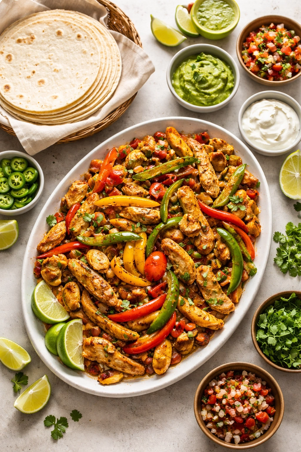Serving platter with chicken and vegetables beside tortillas