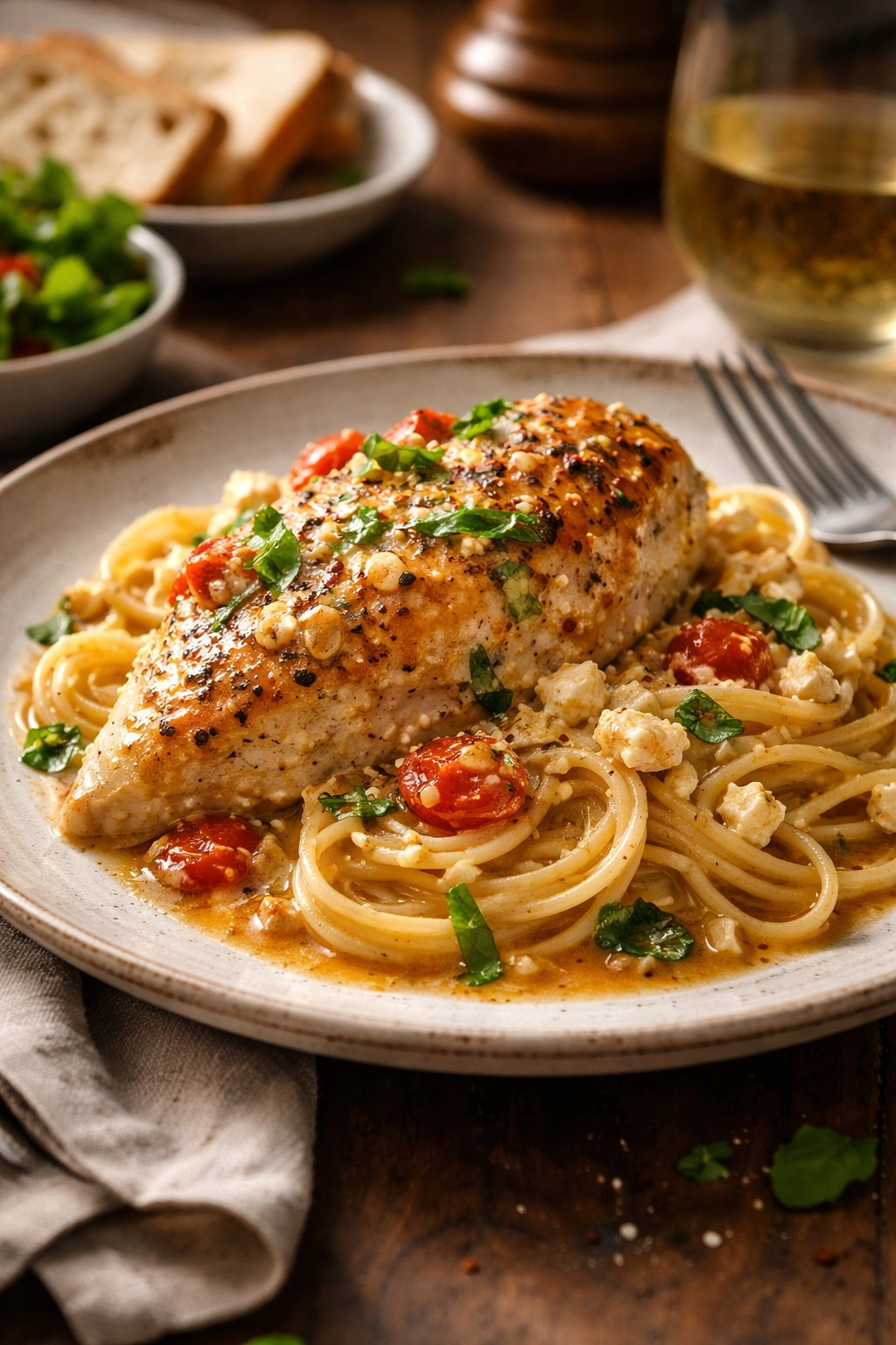 plated baked feta chicken with pasta on a rustic plate.