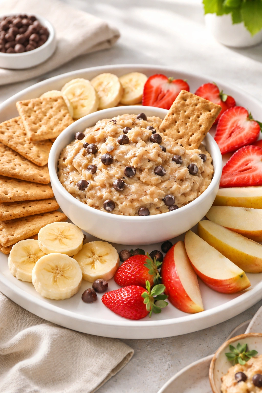 Serving cookie dough as dip with crackers and fruit slices in a clean bowl