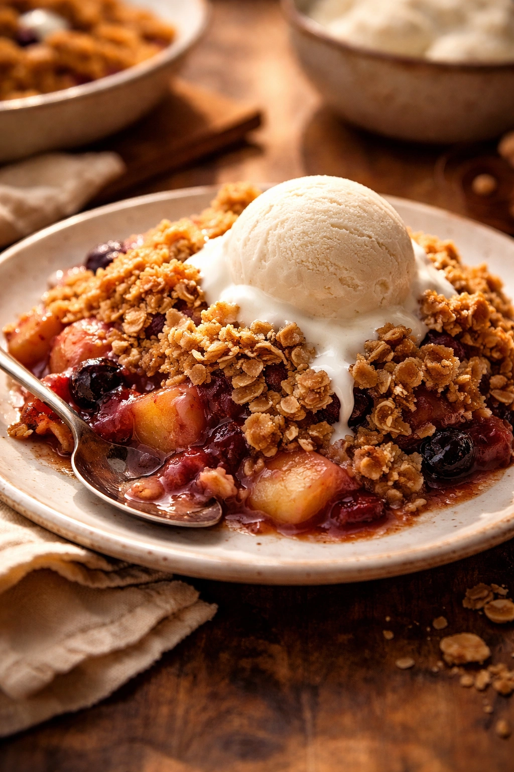 Warm fruit crisp plated with vanilla ice cream