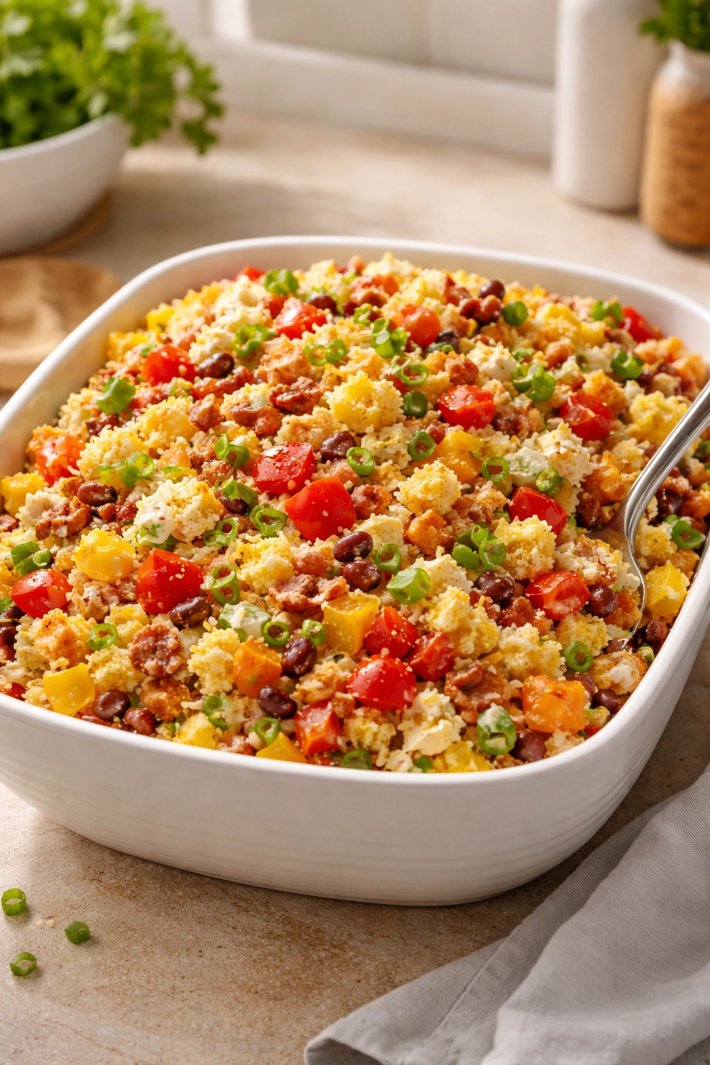 Large white serving bowl filled with cornbread salad on a neutral kitchen counter