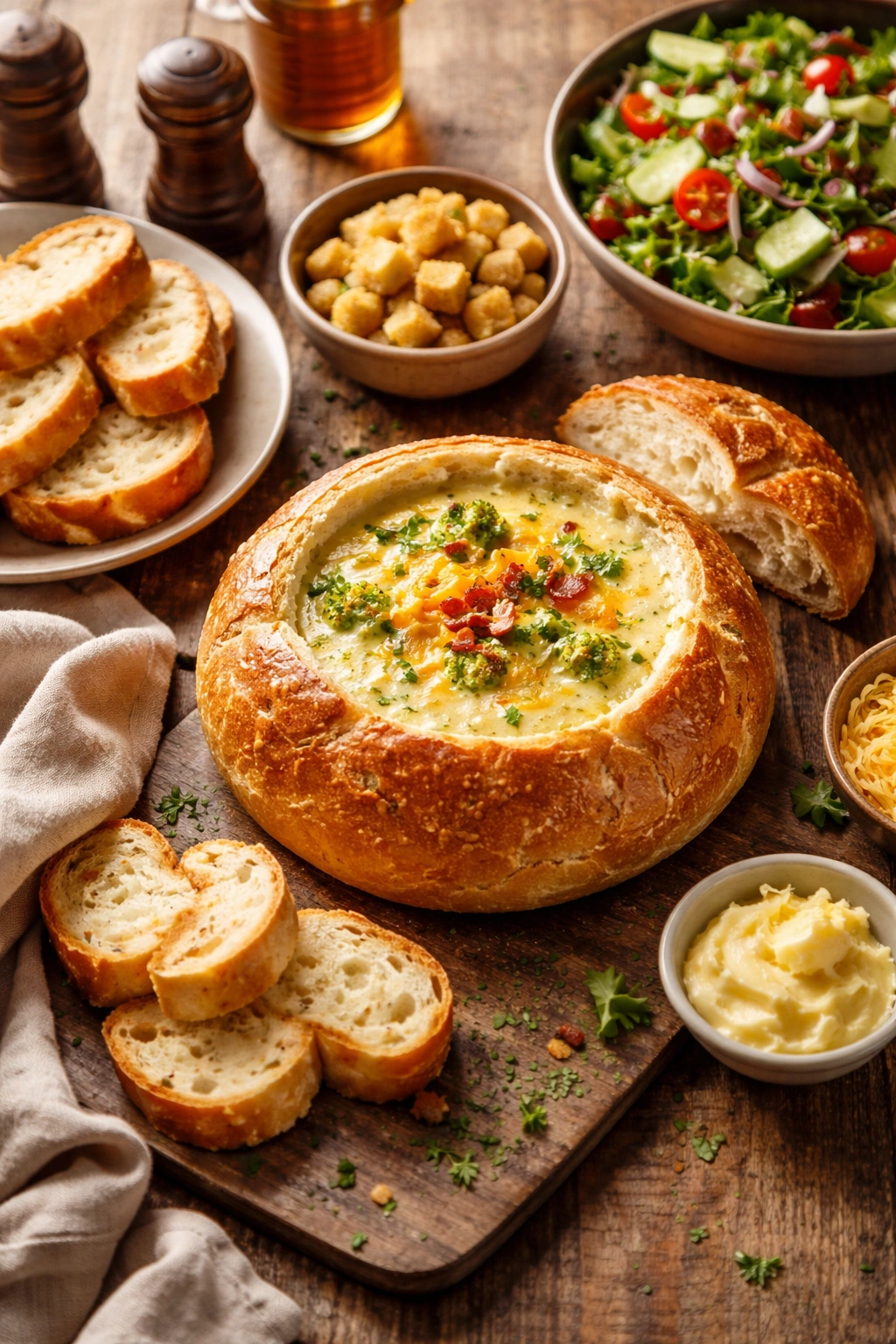 Bread bowl of broccoli cheddar soup with crusty bread for serving