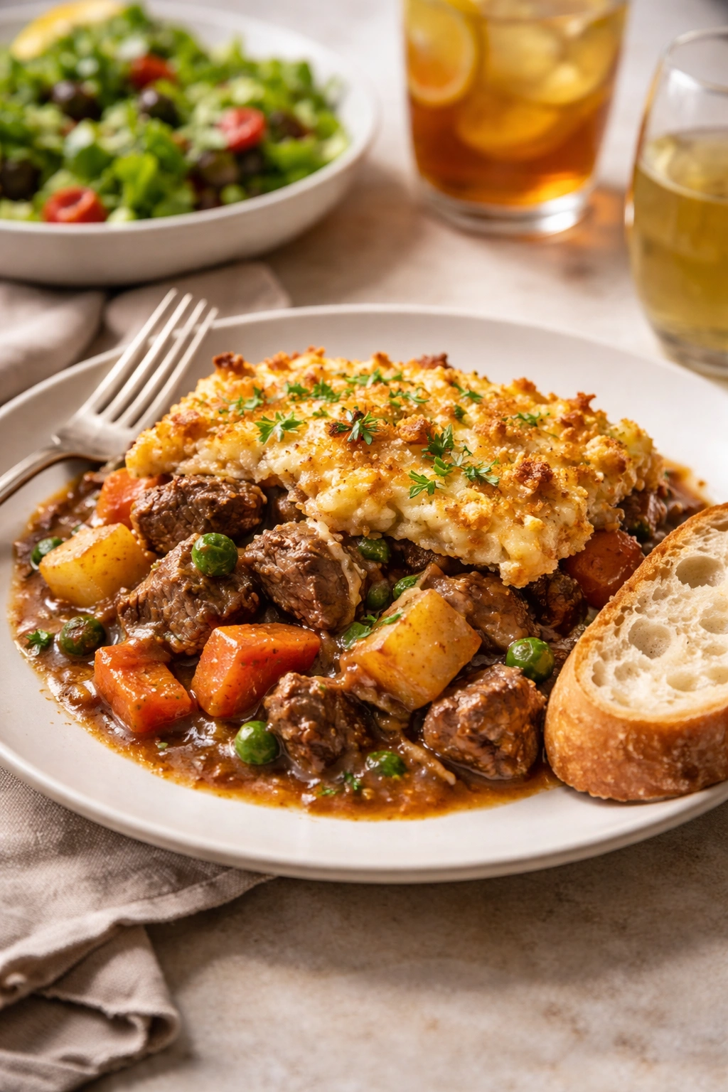 Plate of casserole with crusty bread on side