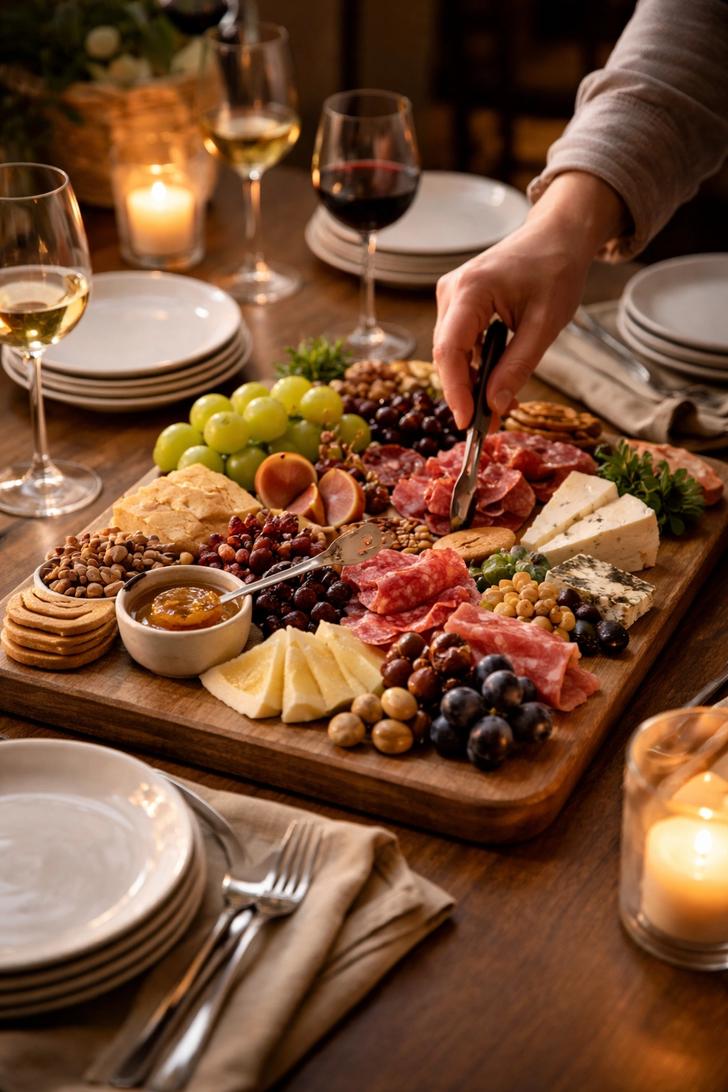 Hand presenting a ready cheese board at a dining table