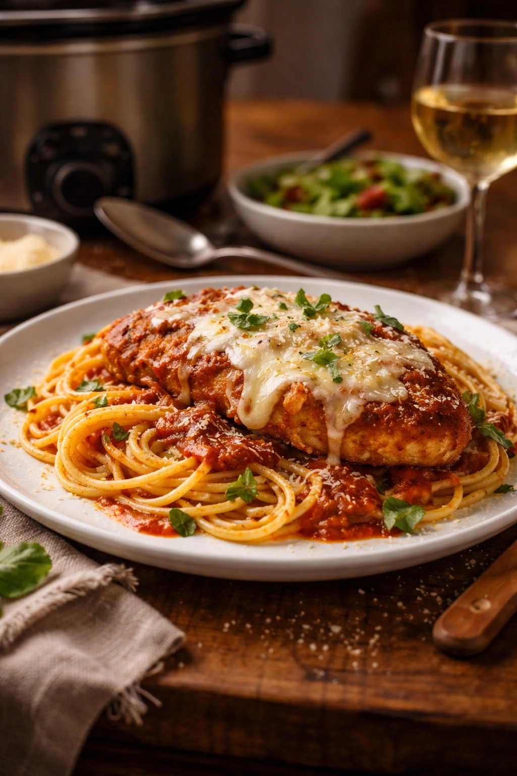 Plate of chicken parmesan on pasta ready to serve