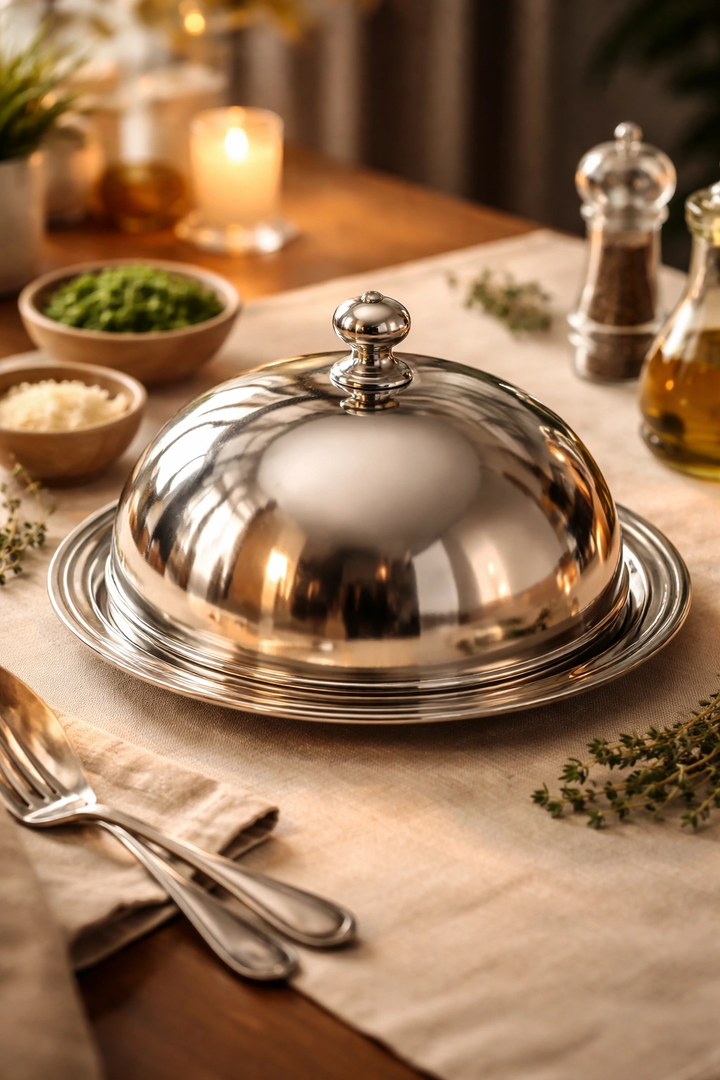 Polished cloche on a dining table under warm lighting