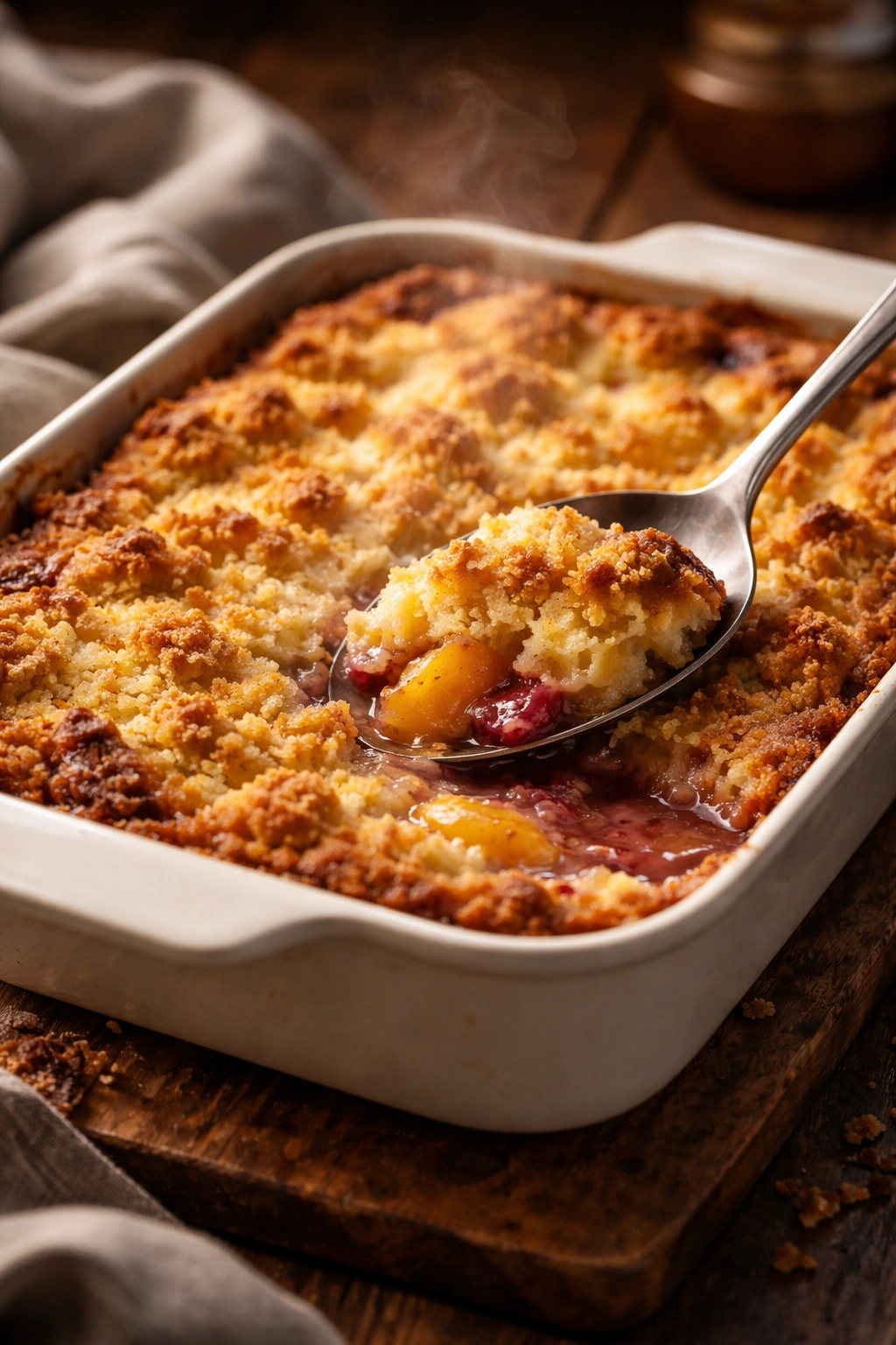 Warm cobbler in a baking dish with a serving spoon on wood
