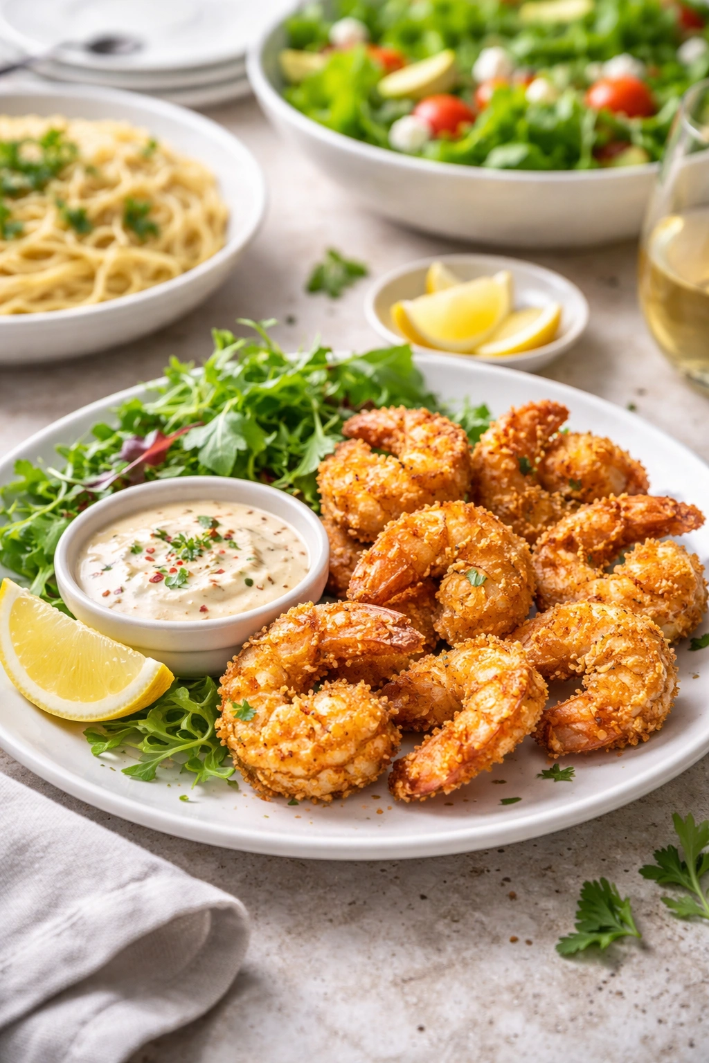 Crispy shrimp plated with lemon wedge and dipping sauce