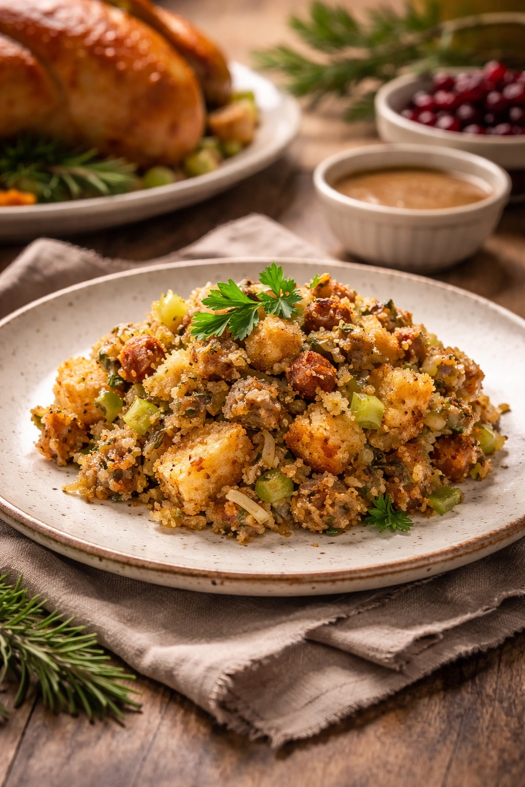 Plated cornbread dressing ready to serve on rustic plate