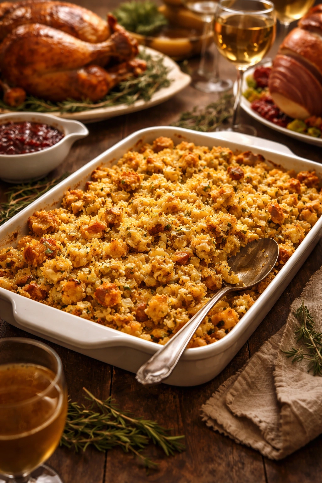 Golden bread dressing in a baking dish ready to serve at table