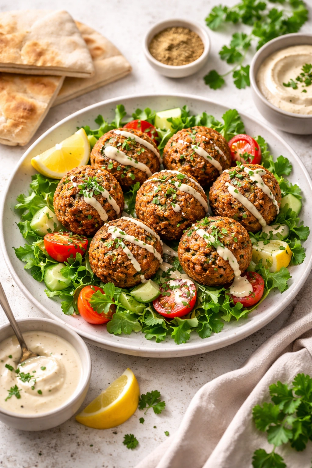 Plated falafel with greens on a clean plate