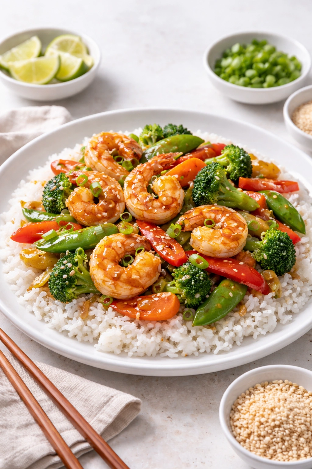 Shrimp stir-fry plated with sesame seeds and green onion garnish