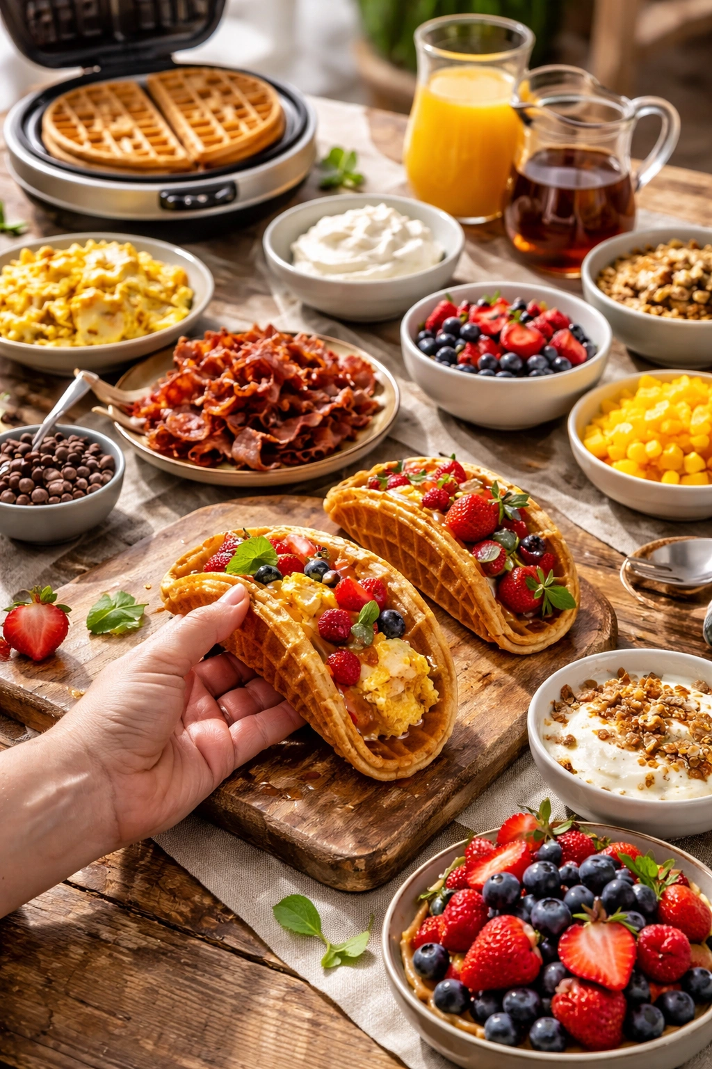 Brunch setup with waffle taco being assembled