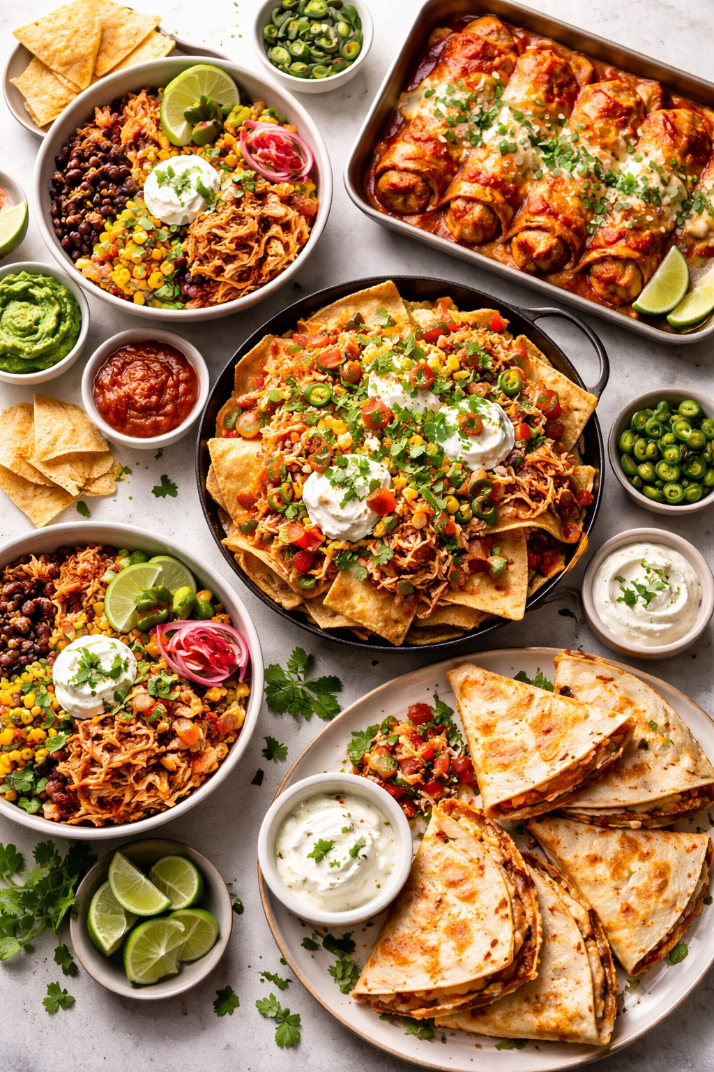 Table of burrito bowls, nachos, and enchiladas for serving ideas