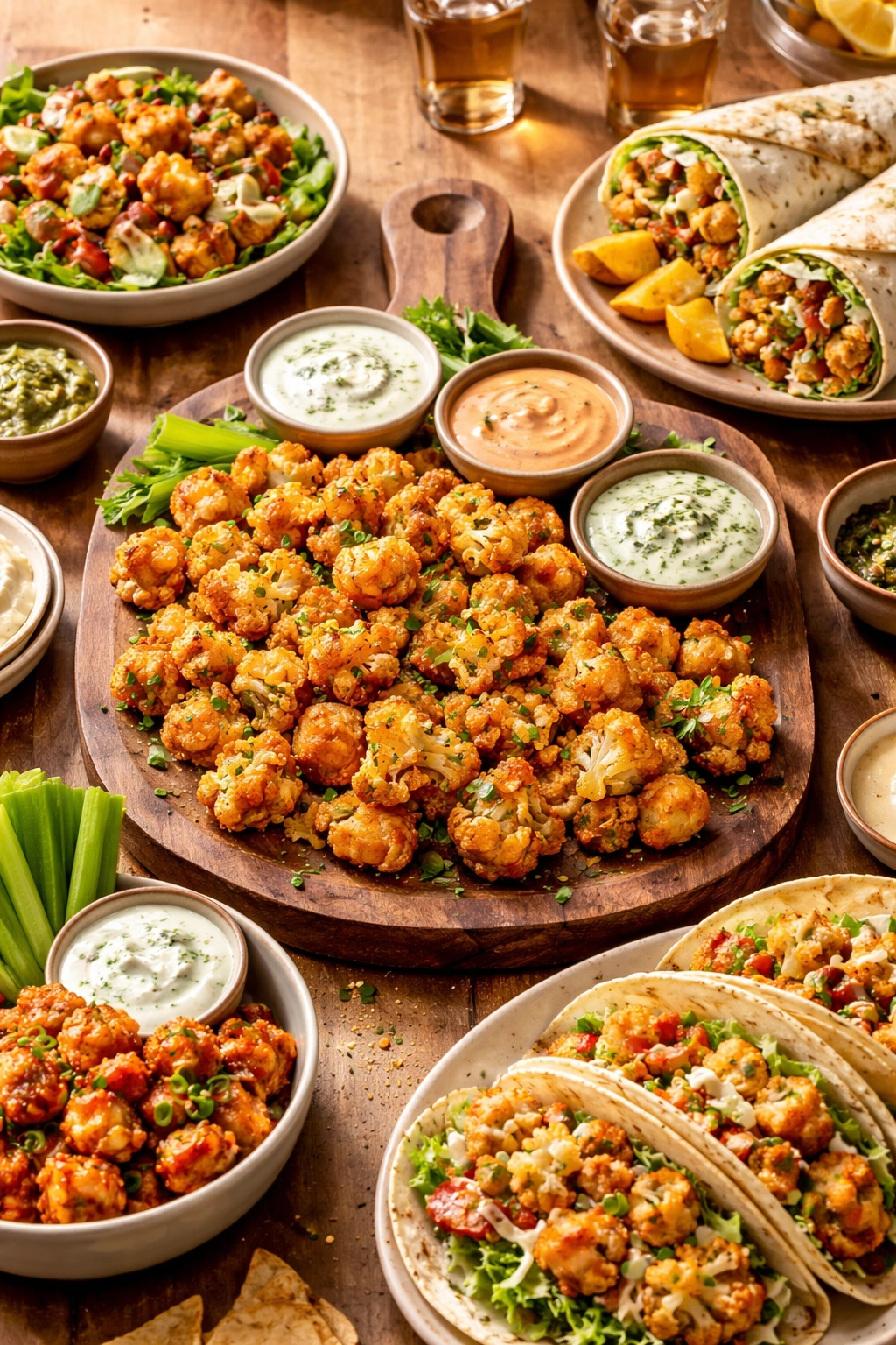 Cauliflower bites on a rustic serving board