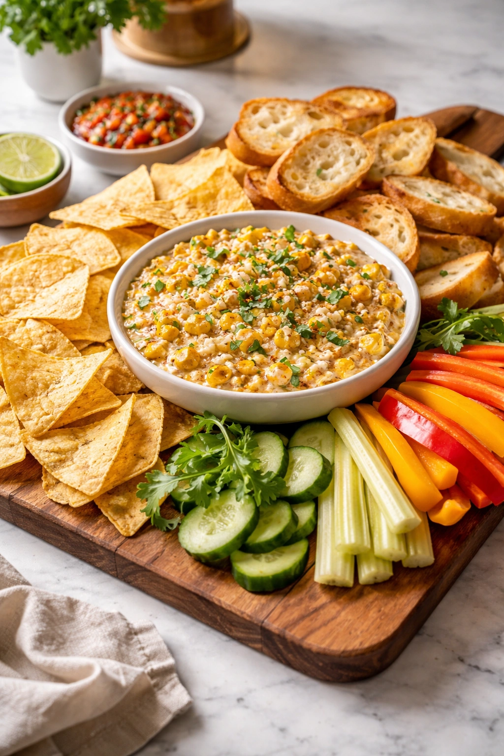 Dip with chips, bread, and vegetables arranged for serving