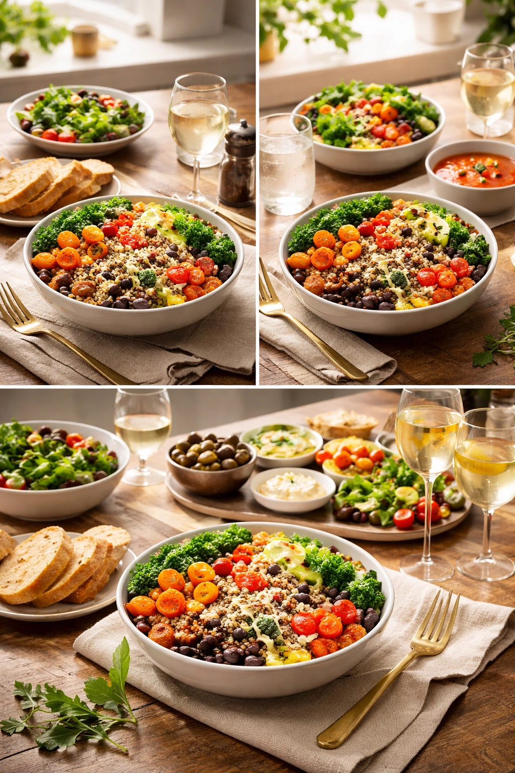 Sweet potato quinoa bowl shown with different serving ideas for dinner, lunch, and entertaining