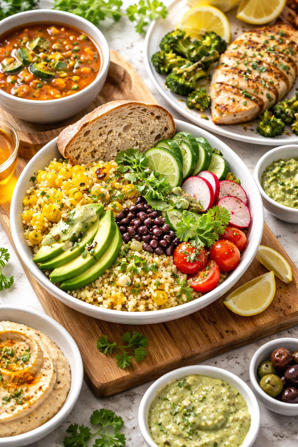 Corn and quinoa bowl with crusty bread on wooden board, suggesting serving ideas and pairings