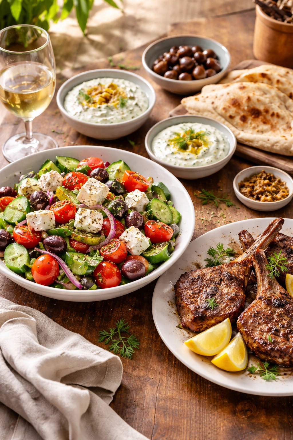 Greek salad plated with grilled lamb as a serving idea and pairing option