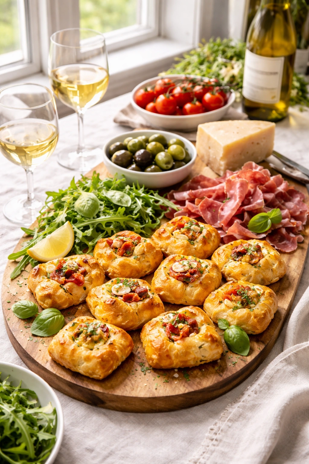 Grazing board with puff pastry bites and accompaniments