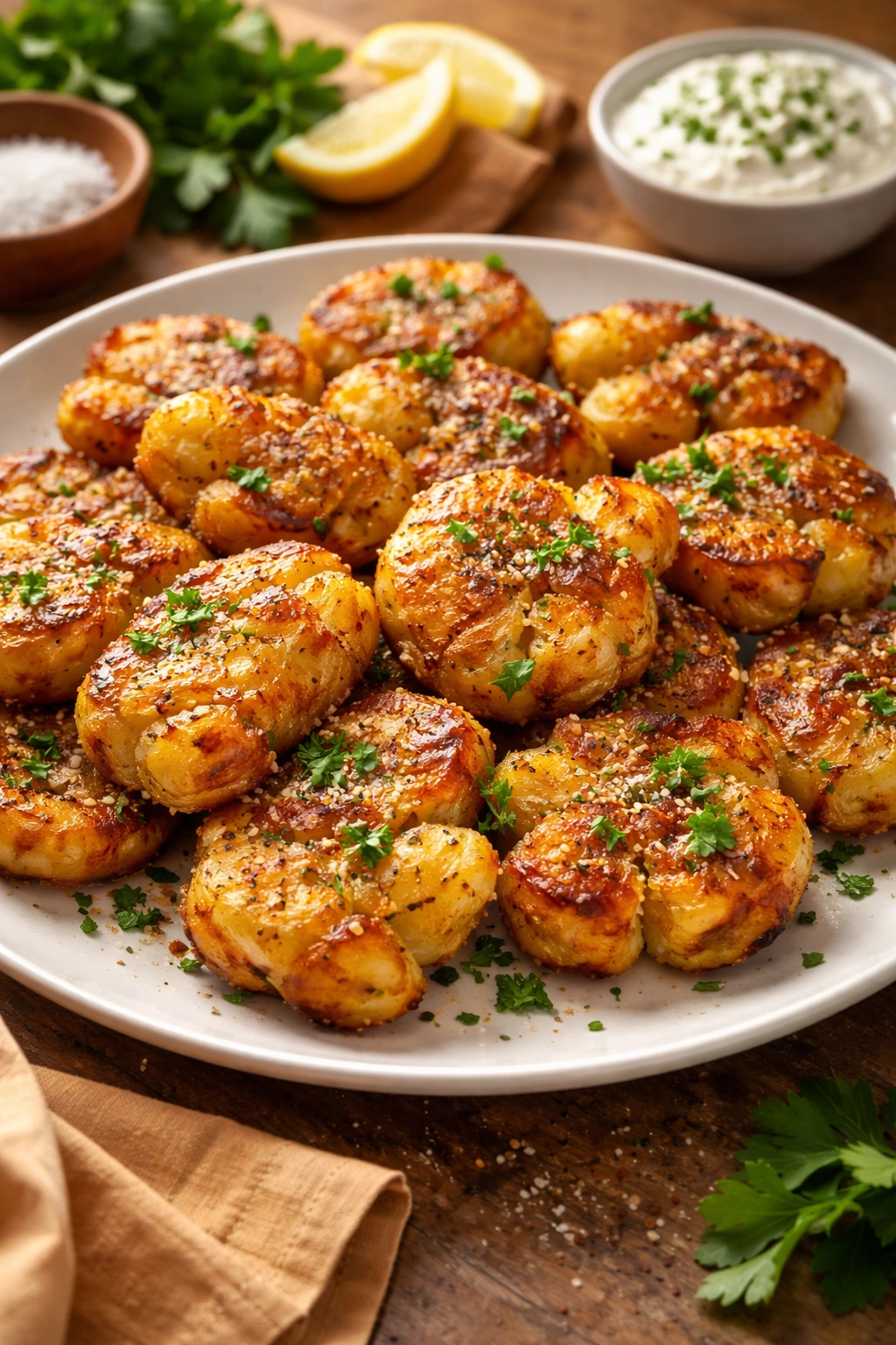Plate of crispy smashed potatoes presented for serving ideas