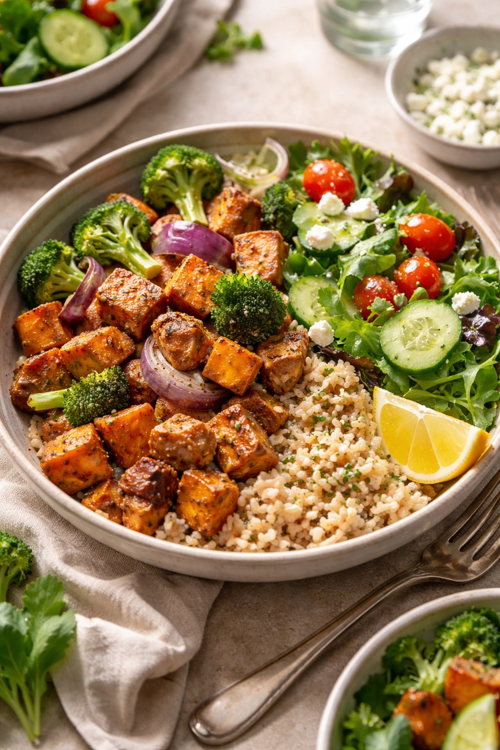 Plated bowl with grains, sheet pan components, and side salad for a complete meal