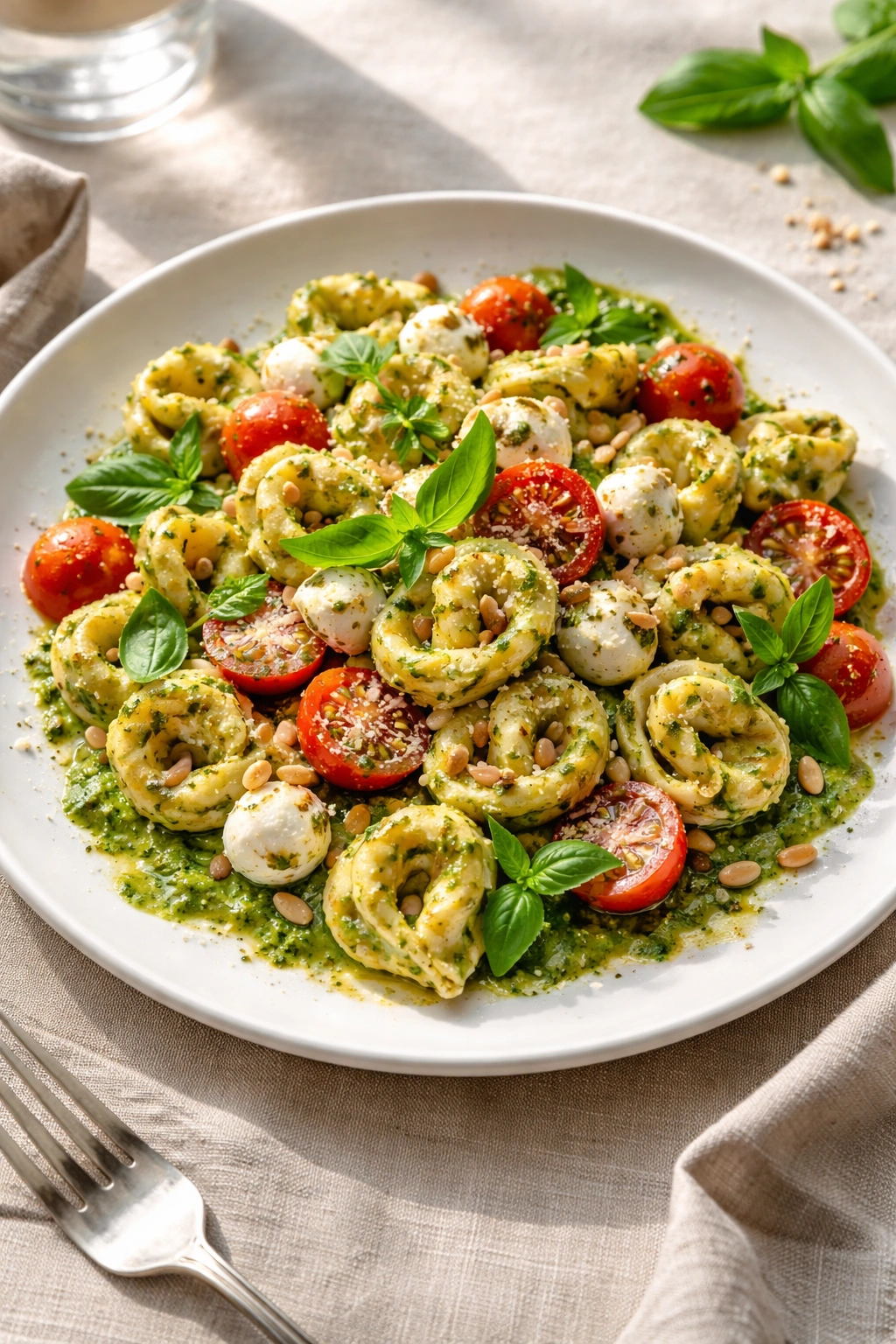 Plated tortellini pesto salad with mint garnish