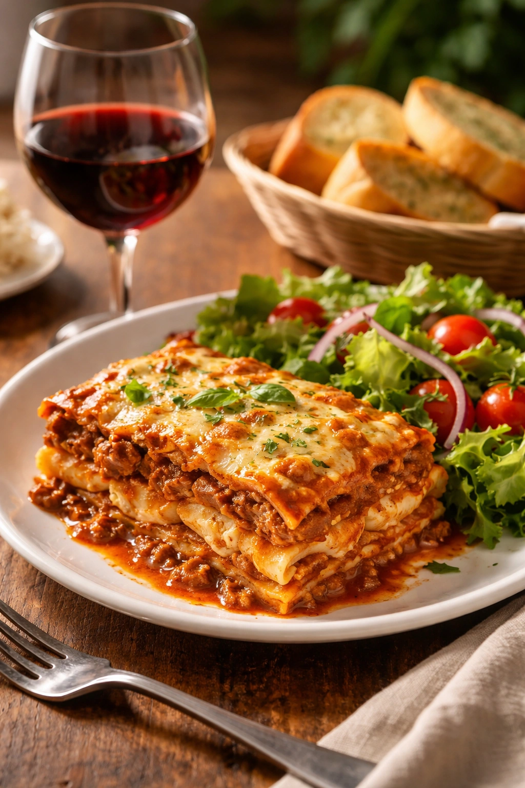 Lasagna served with salad and glass of red wine