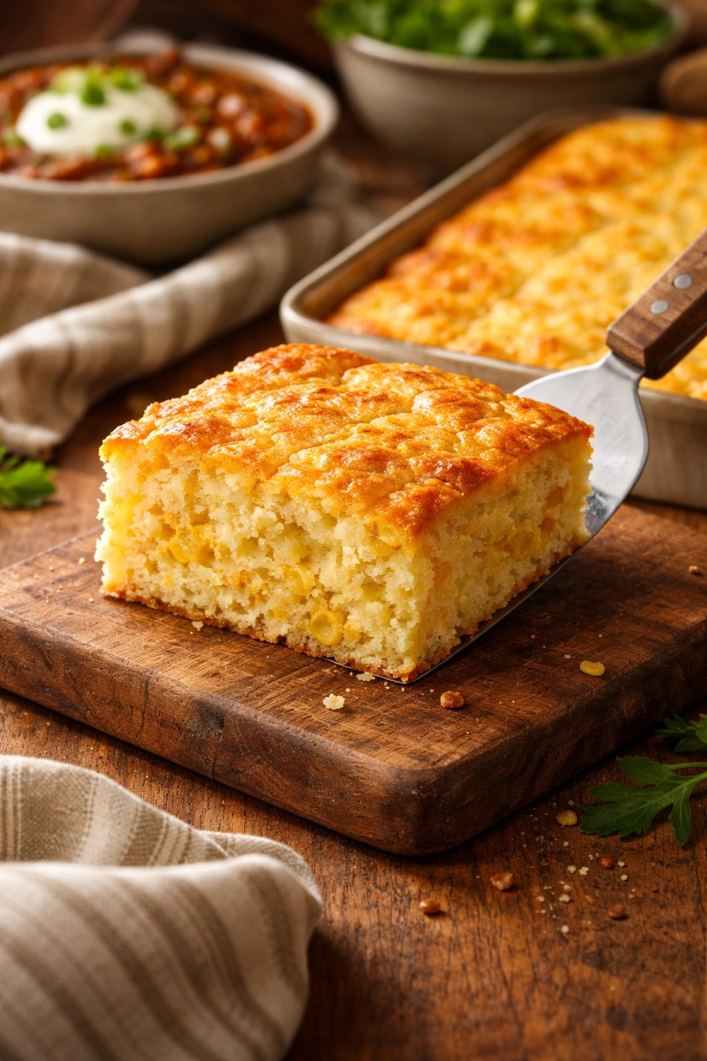 Creamy cornbread casserole slice on wooden board ready to serve