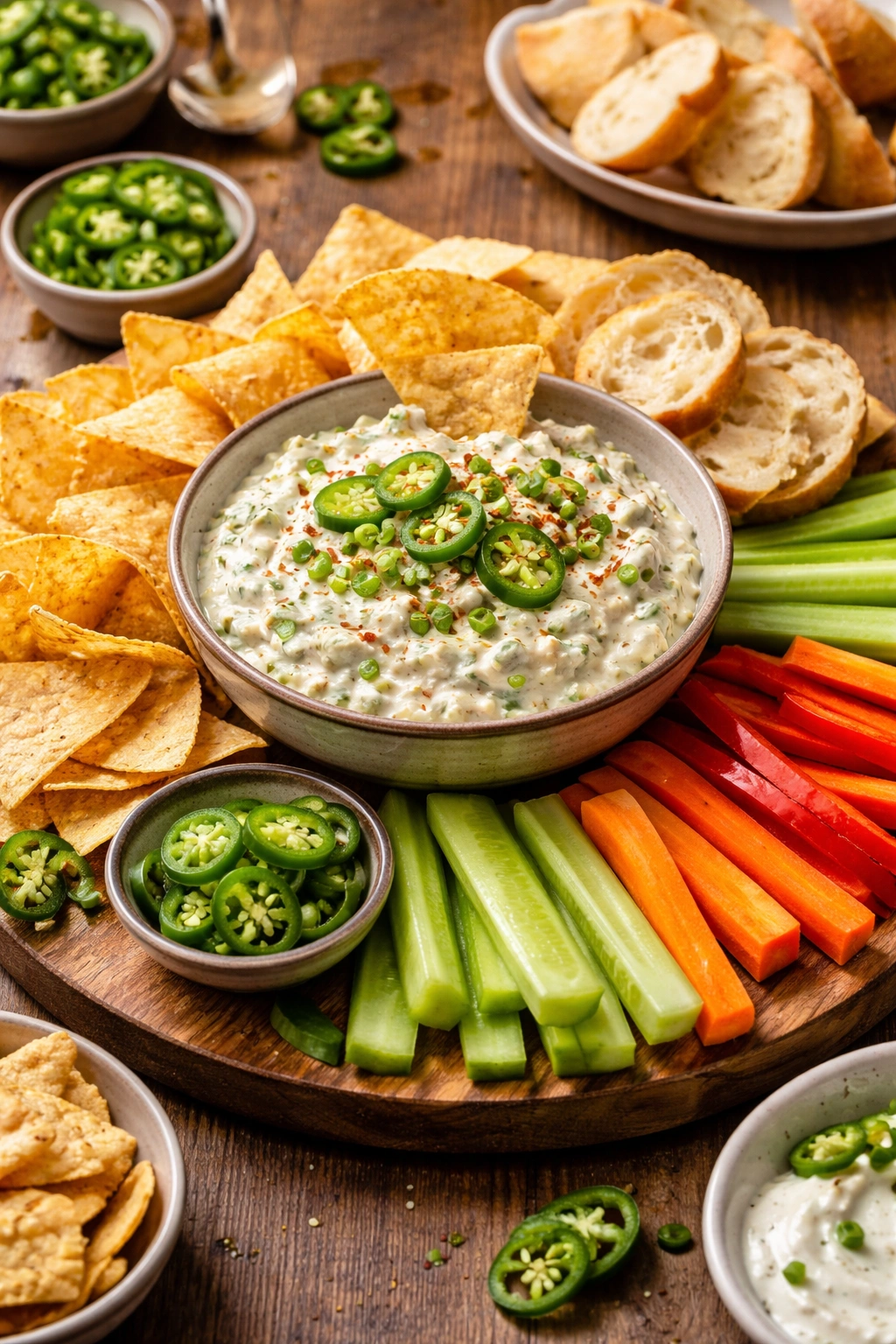 Jalapeño dip served with chips bread and vegetables on a wooden board