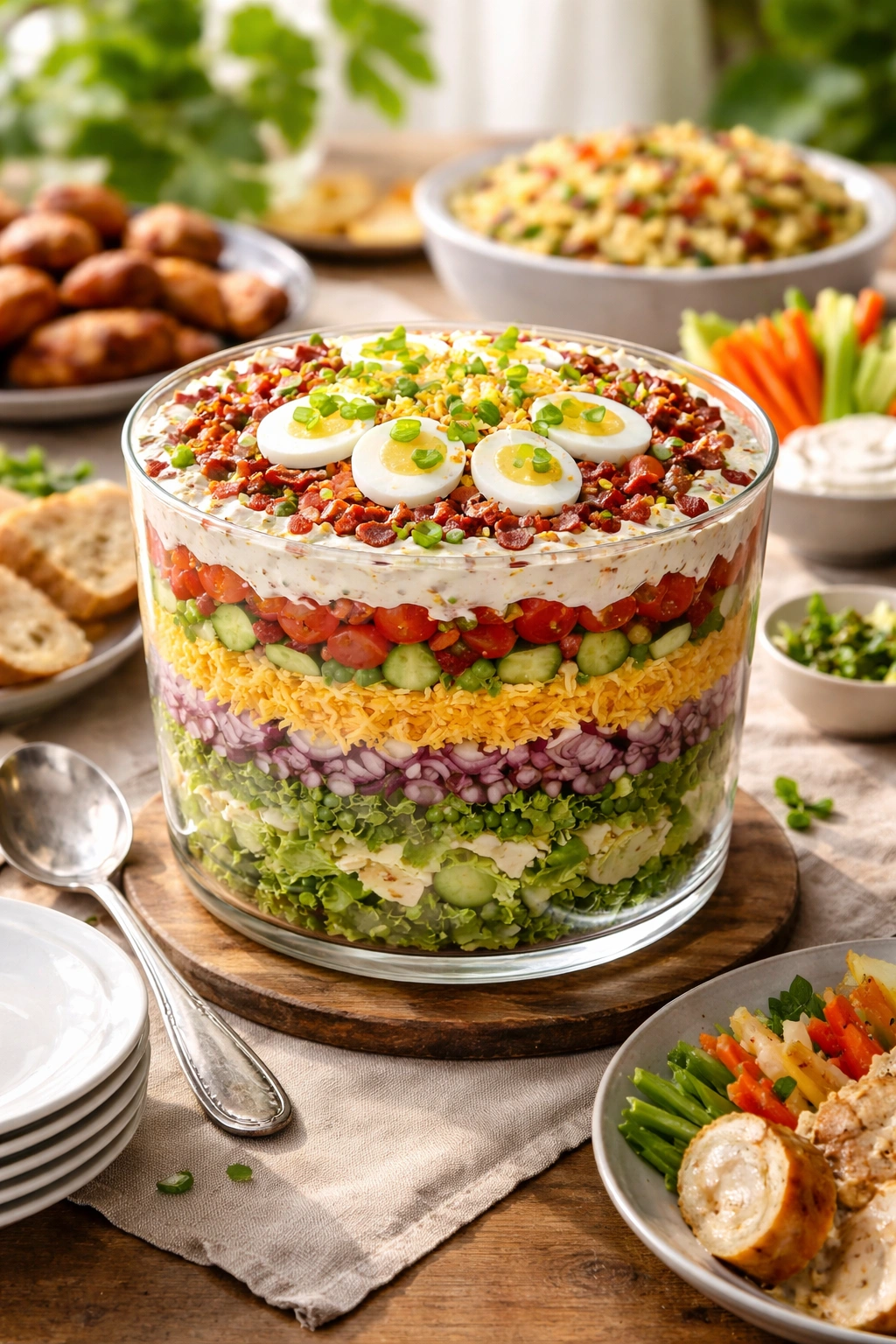 Layered salad on rustic serving platter under natural light