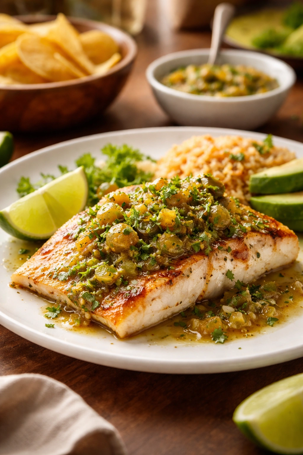 Grilled fish plated with roasted tomatillo salsa and lime wedge