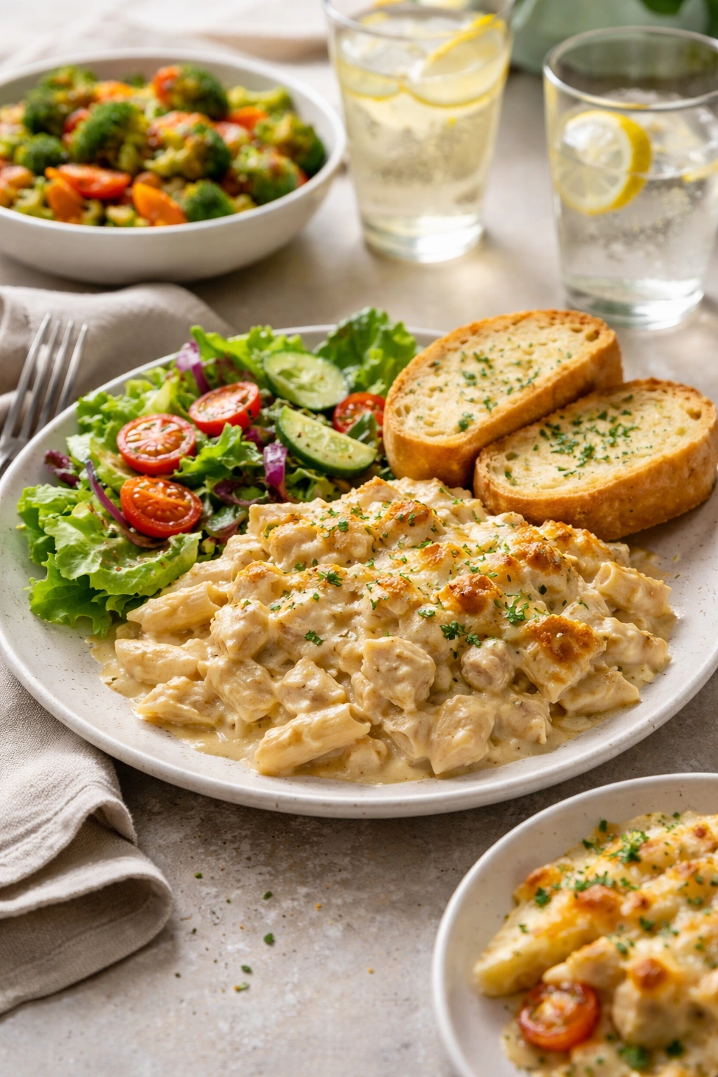 plated Alfredo bake with salad and garlic bread for pairing