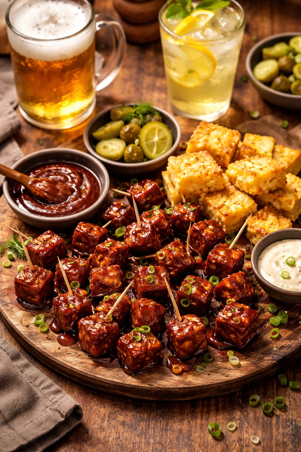 Serving platter of burnt ends with cornbread and beverage pairings