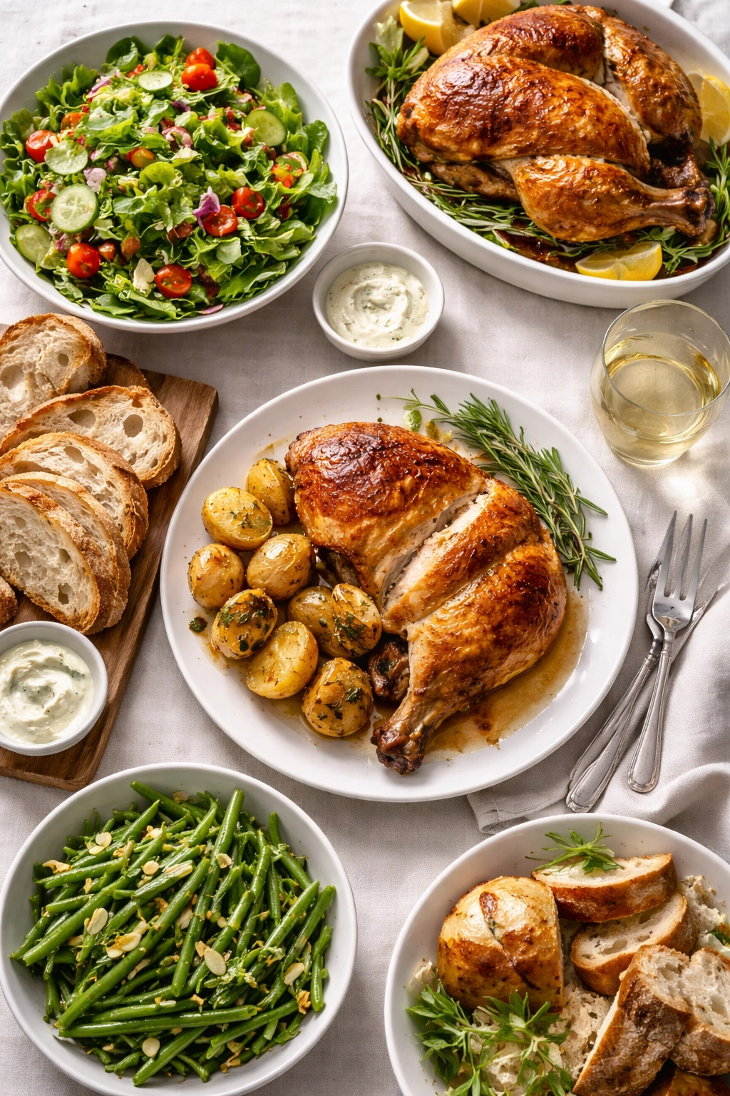 Roasted chicken plated with potatoes, salad, and bread for serving pairings