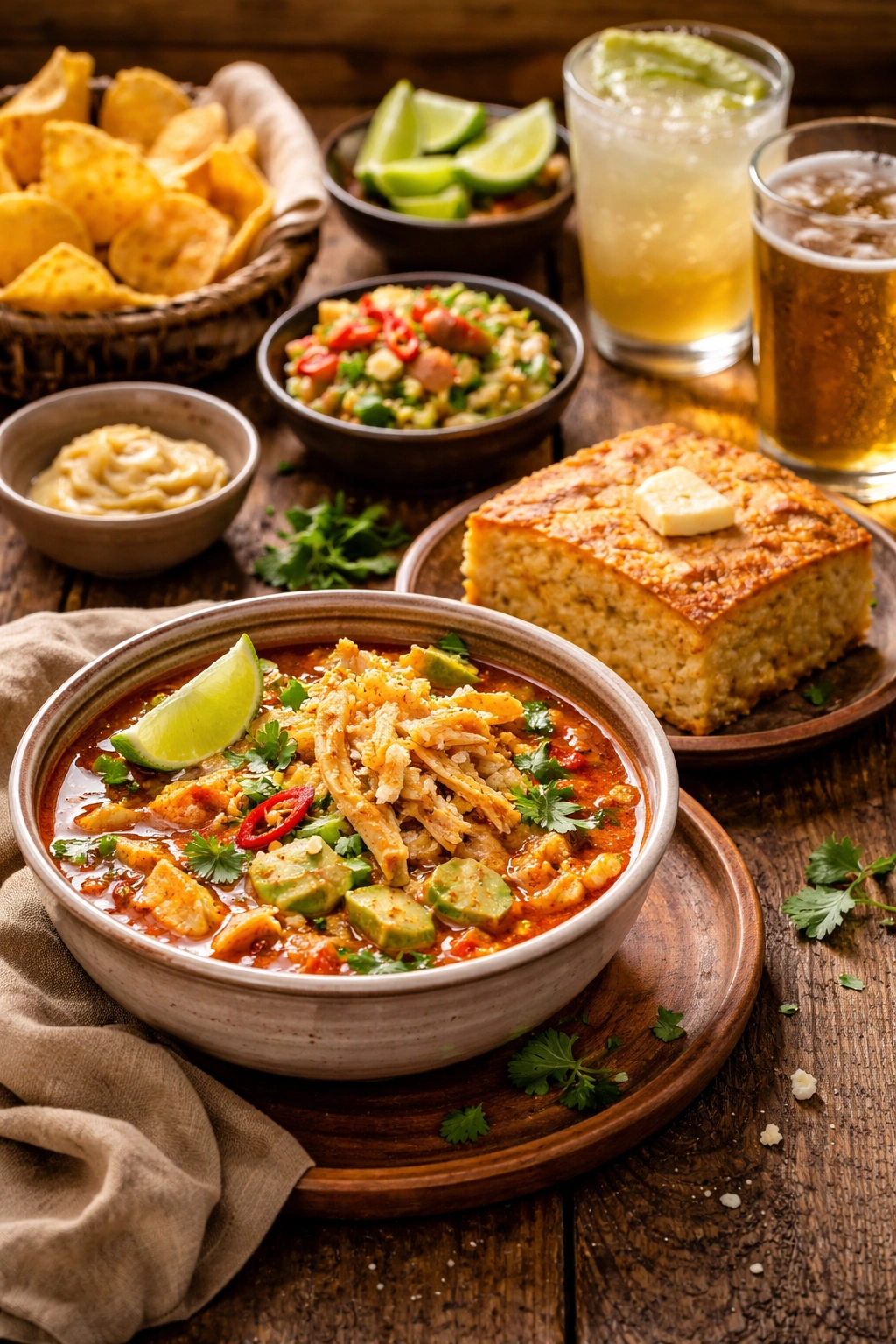 Tortilla soup with tortilla strips and cornbread on wooden table