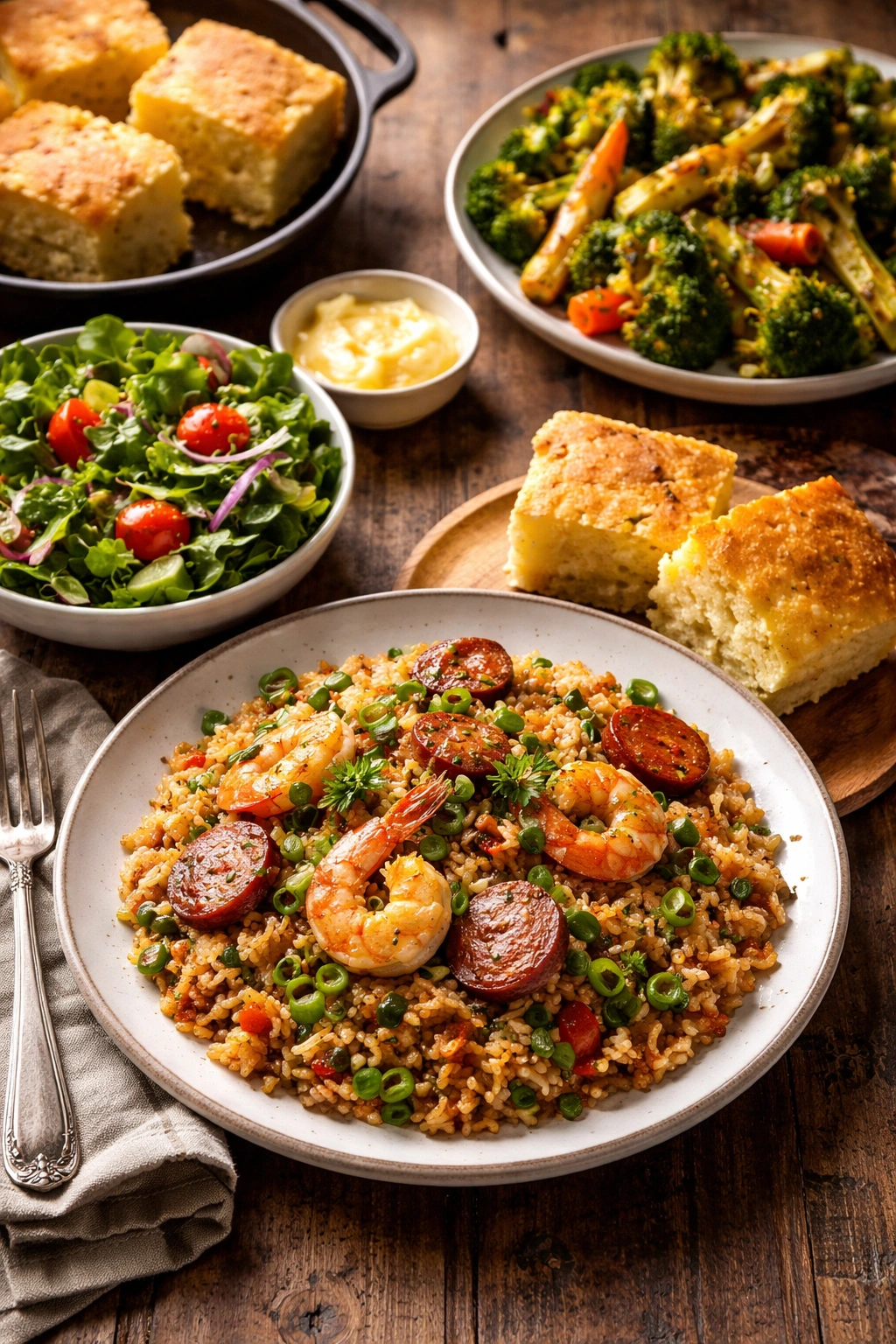 Plate of dirty rice with shrimp and sausage, cornbread, and salad on a rustic table