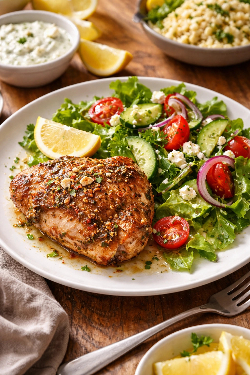 Greek chicken thigh with lemon wedge and greens on plate