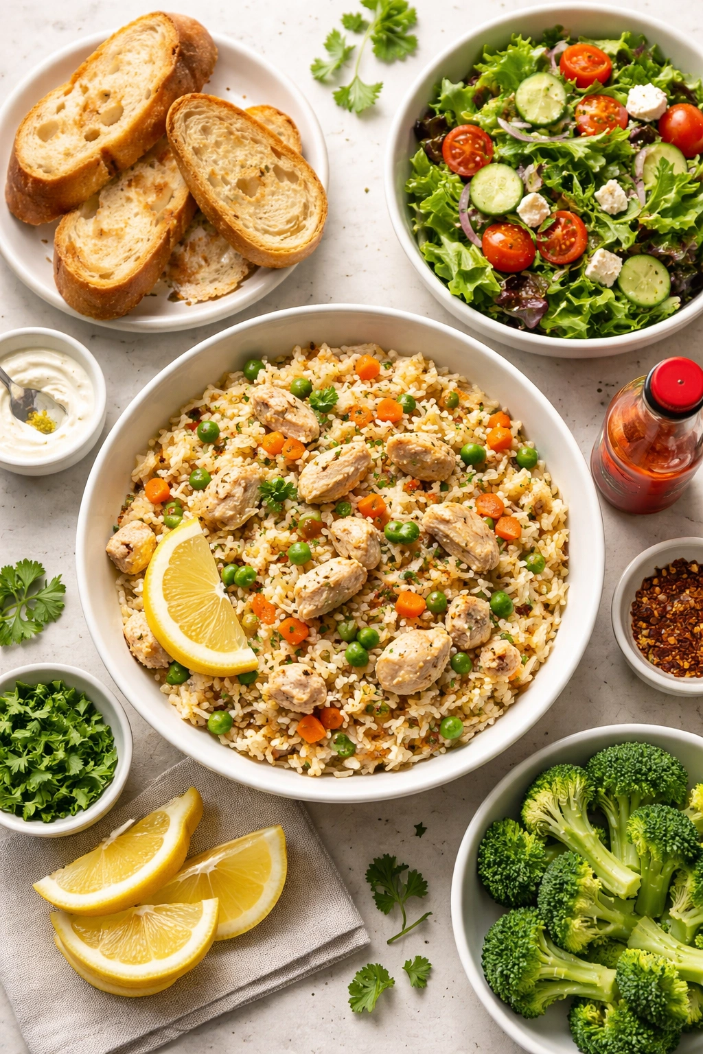 Plated chicken and rice with side salad and lemon wedge